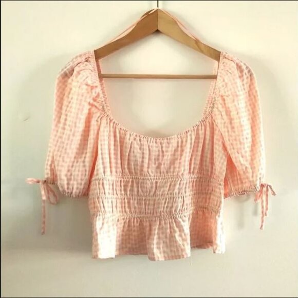 2/100🥑NWT Anthropologie Square-neck Gingham Milk-maid Top Puff Sleeve Baby Pink - Picture 7 of 16